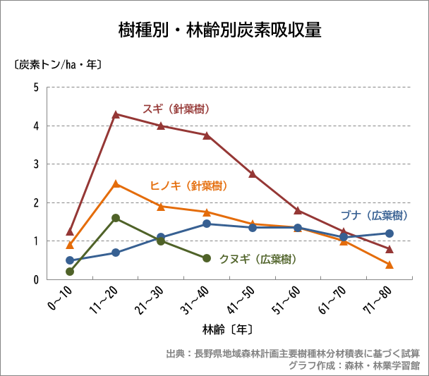 樹齢別・林齢別炭素吸収量